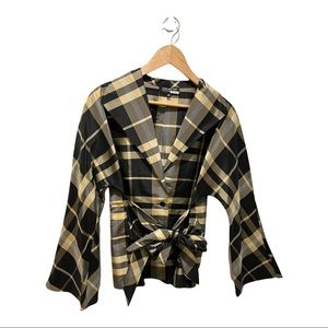 JONES NEW YORK 100% SILK BLACK GOLD PLAID TIE SASH FLUTED SLEEVE BLOUSE